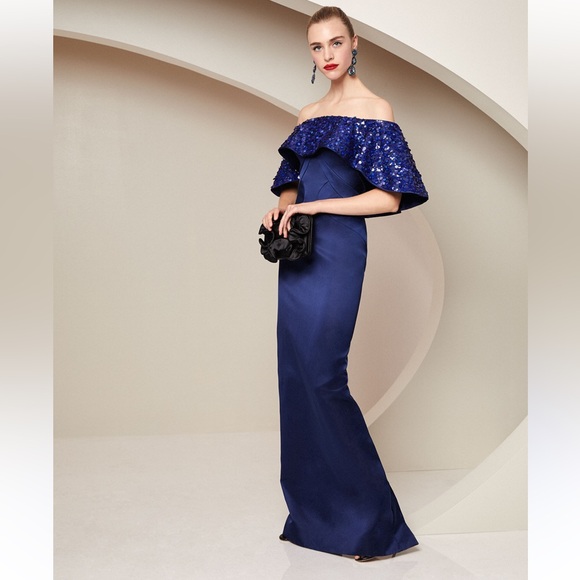 ZAC POSEN***Elegant Blue Off-Shoulder Gown***US 12 $5995 - Picture 1 of 14